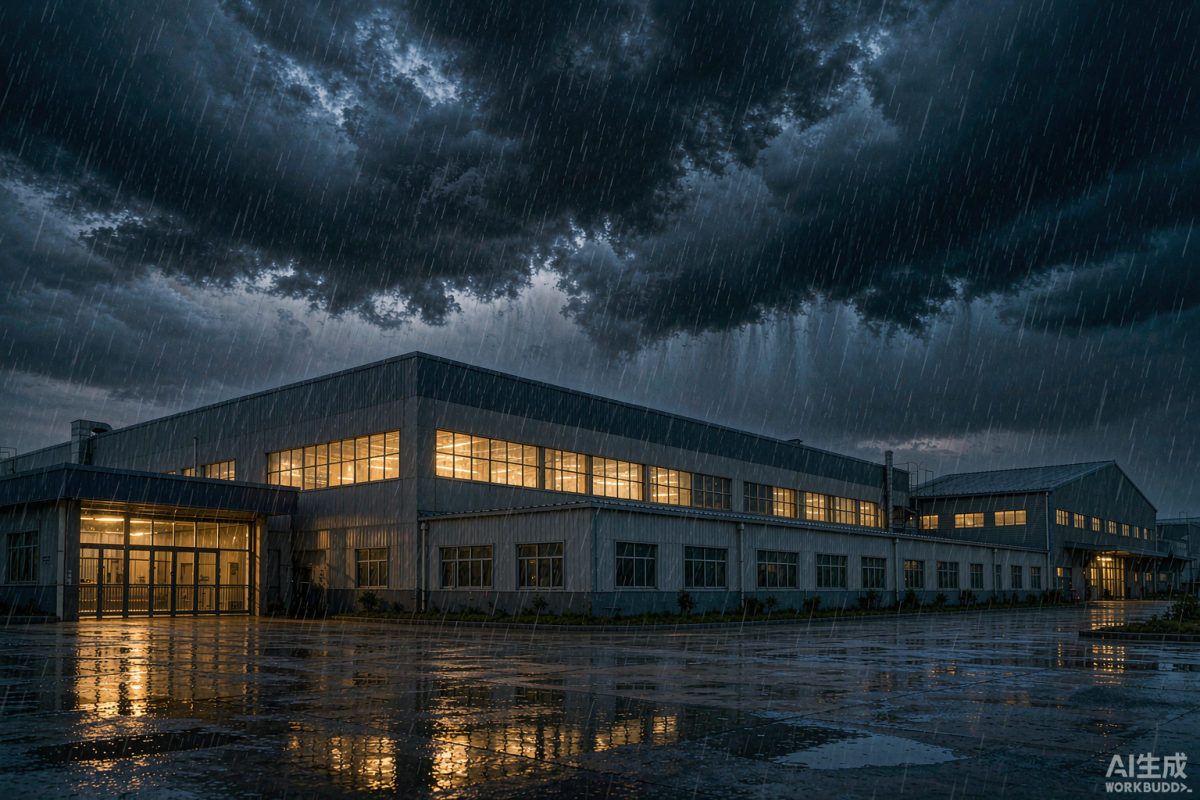 风雨交加中灯火通明的工业厂房仓库，企业资产在风暴中被稳妥守护